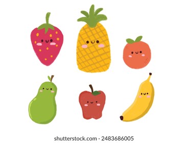 Cute Strawberry, pineapple, orange, pear, apple, banana element isolated on white background illustration. Kawaii style character