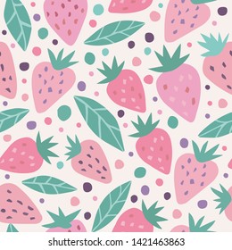 Cute strawberry and polka dots seamless pattern on a white background. Summer fruit hand drawn strawberries wallpaper. Vector illustration