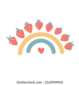 Cute strawberry rainbow, summer vecror illustration in flat style for card, sticker