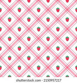 Cute Strawberry Red Fruit Element Red Green Diagonal Stripe Striped Line Tilt Checkered Plaid Tartan Buffalo Scott Gingham Pattern Flat Cartoon Vector Seamless Pattern Print Background Fashion Fabric 