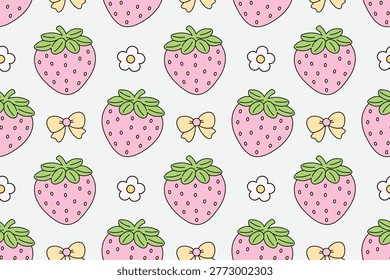 Cute Strawberry and Ribbon Bow Seamless Pattern in Kawaii Girly Style