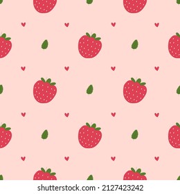 Cute strawberry seamless pattern with decorative hearts and leaf on pastel pink background. Vector red strawberry and hearts. For background and print on textiles.