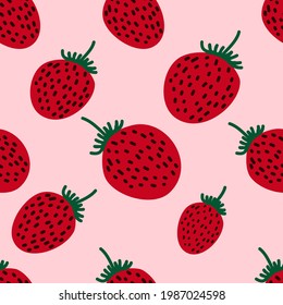 Cute strawberry seamless pattern in doodle style on pink background for summer fashion print, gift wrapping paper, wallpaper etc.