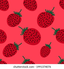 Cute strawberry seamless pattern in doodle style on red background for summer fashion print, wallpaper, gift wrapping paper etc.