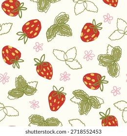 Nette Erdbeere nahtloses Muster mit Blumen und Blättern. Handillustrierter Sommerfruchthintergrund. Verspieltes Design für Papier, Stoffdesign.