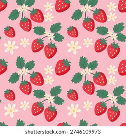 Cute Strawberry Seamless Pattern with Flowers on Pink Background