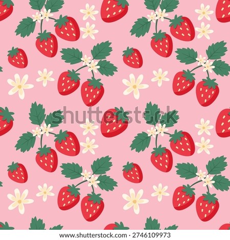 Cute Strawberry Seamless Pattern with Flowers on Pink Background
