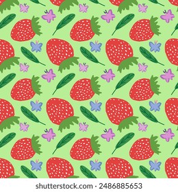 cute strawberry seamless pattern, fruits with butterfly endless vector print