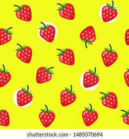 Cute Strawberry seamless pattern on yellow background.