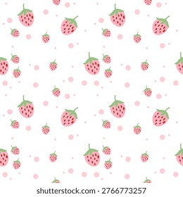 Cute Strawberry Seamless Pattern with Polka Dots on White Background for Fabric Design