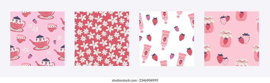 Cute strawberry seamless pattern set, Hand drawn texture vector for linen, textiles, fabric and stationery