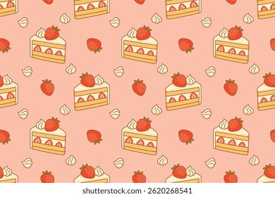 Cute strawberry shortcake seamless pattern with whipped cream and pastel peach background