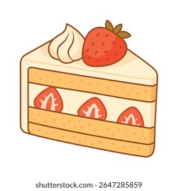 Cute Strawberry Shortcake Slice Illustration with Whipped Cream and Fresh Fruit Layers
