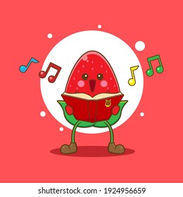 Cute Strawberry singing in front of moon angels Vector Design Illustration