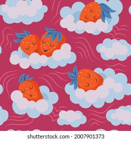 cute strawberry sleeping on the clouds. seamless pattern. strawberries with whipped cream.