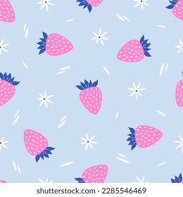 Cute strawberry and small flowers seamless pattern on blue background. Summer berries theme. Print is suitable for textile, wrapping paper, fabrics, apparel etc. Vector illustration.