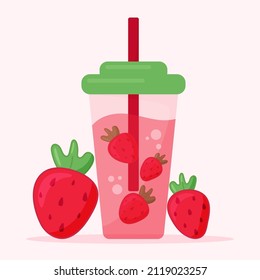 cute strawberry smoothie in a glass with strawberries and bubbles flat vector illustration