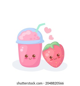 Cute Strawberry smoothie in plastic cup with foam. Vector kawaii iced drink. Cartoon children illustration isolated on white background. Healthy berry smoothie, pink frozen milkshake.