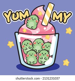 Cute strawberry soft ice cream with tiny dinosaur on blue background.Yummy.Animal character design.Image for kid product,sticker,shirt print,wallpaper,card.Dessert.Sweet.Kawaii.Vector.Illustration.