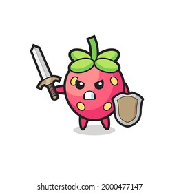 cute strawberry soldier fighting with sword and shield , cute style design for t shirt, sticker, logo element