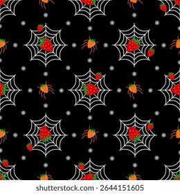 Cute strawberry spider and strawberry on spider web seamless vector pattern with black background for Halloween design.