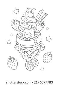 Cute strawberry taiyaki ice cream drawing illustration for coloring page