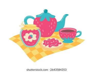 Ilustração de festa de chá de morango bonito. Engarrafamento de morango, torrada, bule de chá e um copo. Vetor de estilo plano