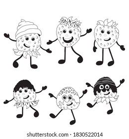 Cute strawberry vector with eyes, hands and feet black and white line. Funny berries, talisman. Illustration for printing, print on fabric, clothing, children's design, juice, marmalade 