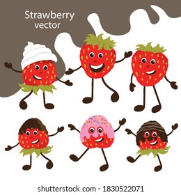 Cute strawberry vector with eyes, hands and feet. Funny berries, talisman. Illustration for printing, print on fabric, clothing, children's design, juice, marmalade
