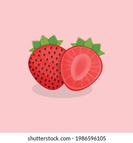Cute Strawberry vector flat design illustration, Cartoon style red and sweet Strawberry slice hand drawn flat vector icon isolated on background. Fresh Strawberry symbol in flat style. Furits Vector