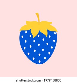 cute strawberry vector graphic icon, blue strawberry with yellow leaves and tiny white seeds, summer fruit berry isolated on pink, creative flat design