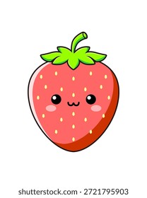 A cute strawberry vector illustration with an expressive face and a sweet smile. Using bright red with fresh green accents, it gives a fresh, fun, and playful impression. This minimalist, kawaii style is suitable for sticker designs, children's products, food packaging, beverage branding, educational illustrations, and print-on-demand products like t-shirts and tote bags