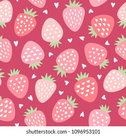 Cute Strawberry Vector Pattern With Hearts. Valentines Day Seamless Background. Summer Childish Print With Fruits. 