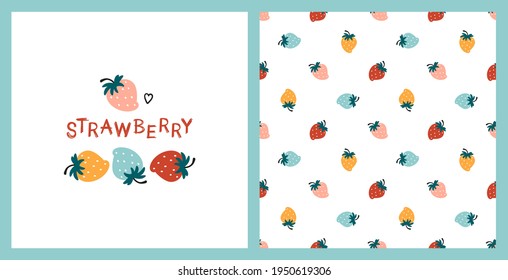 Cute Strawberry Vector Set. Seamless Pattern and Print or Poster with Strawberries. Summer Background and Card with Berries