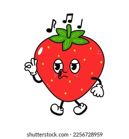 Cute Strawberry walking singing character. Vector hand drawn traditional cartoon vintage, retro kawaii character illustration icon. Isolated white background. Happy Strawberry walk sing character