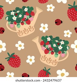 Cute strawberry in watering can hand drawn seamless pattern vector illustration for decorate invitation greeting birthday party celebration wedding card poster banner textile  paper wrap background