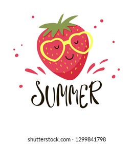 Cute strawberry in yellow sunglasses. Childish poster. Vector illustration with strawberry and inscription Summer.