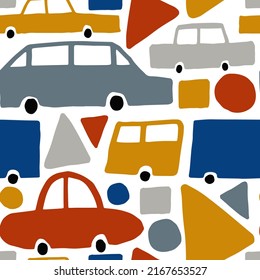 Cute street transport seamless pattern. Abstract childish vector illustration with hand drawn funny elements. Logistic ornament. Boy cloth, nursery wallpaper colorful toy print design