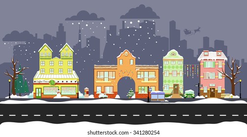 a cute street view with cityscape and silhouette of flying santa on the background