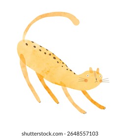 Cute Stretching Cheetah. Childish Drawing-like Vector Illustration Of Happy Leopard. Yellow Wild Cat On A White Background. Kids Room Decoration. Funny Print With Cheetah. RGB.