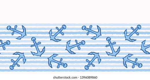 Cute stripe marine anchor seamless vector border pattern. Hand drawn ocean sailing tile. Ribbon trim for seafaring blog, nautical graphic, preppy sailor fashion trim. Maritime home decor textiles edg