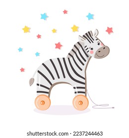 Cute striped baby zebra. Wooden children's toy on wheels and rope. Happy birthday greeting card, poster or invitation. Vector illustration on white isolated background with colorful stars. 