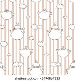 Cute striped background and simple kettle seamless pattern. Vector doodle hand drawn illustration.Repeating design for printing wrapping paper, fabric, textile, wallpaper.