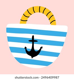 A cute striped beach bag with an anchor design on a white background.