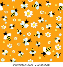 Cute striped Bee around white flowers chamomile. Vector Seamless pattern. 