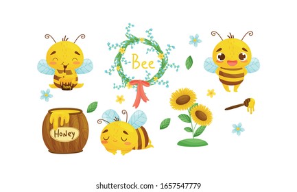 Cute Striped Bee Character and Honey Vector Set