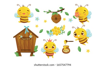 Cute Striped Bee Character and Honey Vector Set