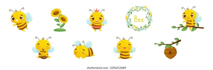 Cute Striped Bee Character with Honey Vector Set