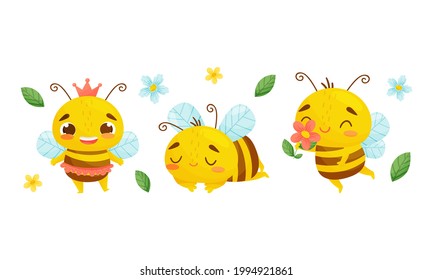 Cute Striped Bee Character with Yellow Body Flying and Sleeping Vector Set