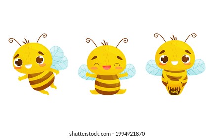 Personaje de abeja a rayas con cuerpo amarillo volando con vectores de maceta de miel